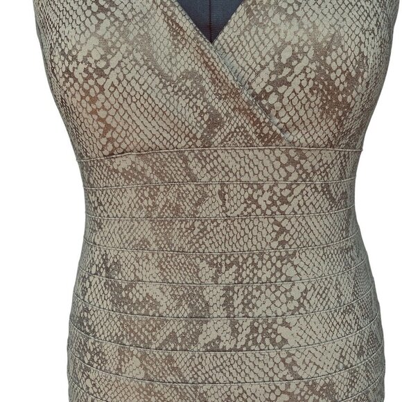 EXPRESS Sleeveless BodyCon Dress Snakeskin Print Large Dark Taupe V-Neck Stretch - Picture 6 of 16
